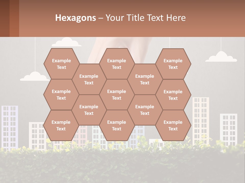 A Hand Reaching For A Building With Clouds Above It PowerPoint Template