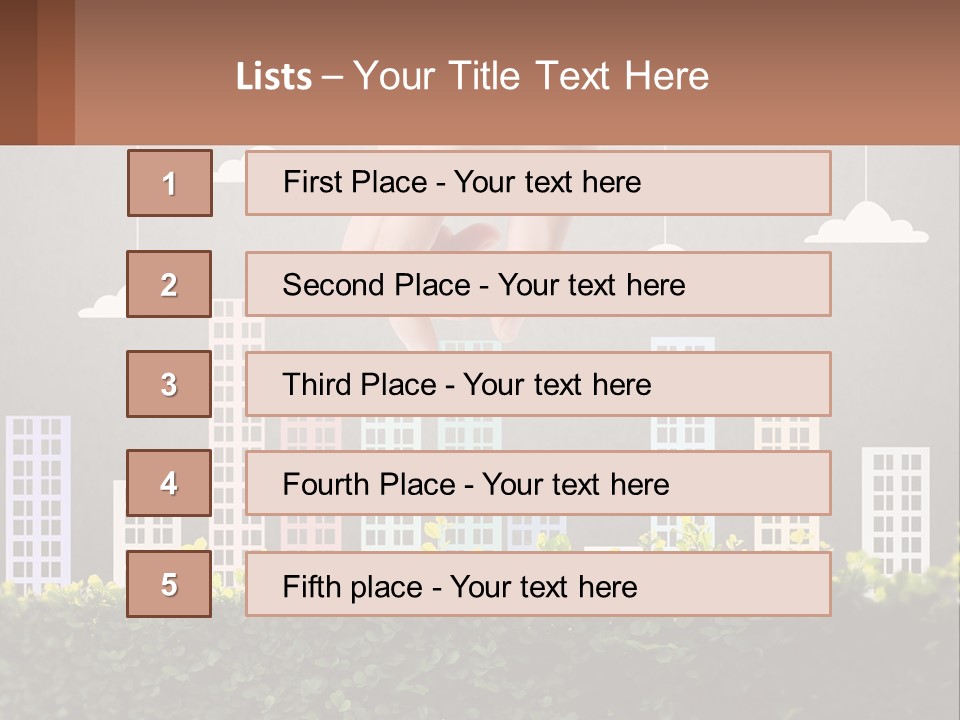A Hand Reaching For A Building With Clouds Above It PowerPoint Template