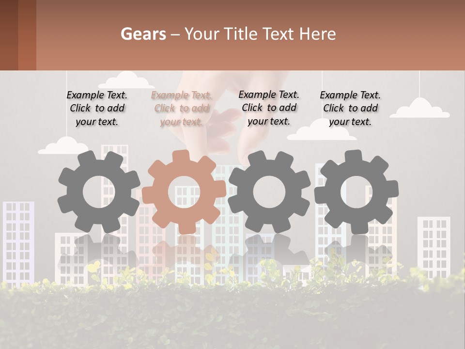 A Hand Reaching For A Building With Clouds Above It PowerPoint Template