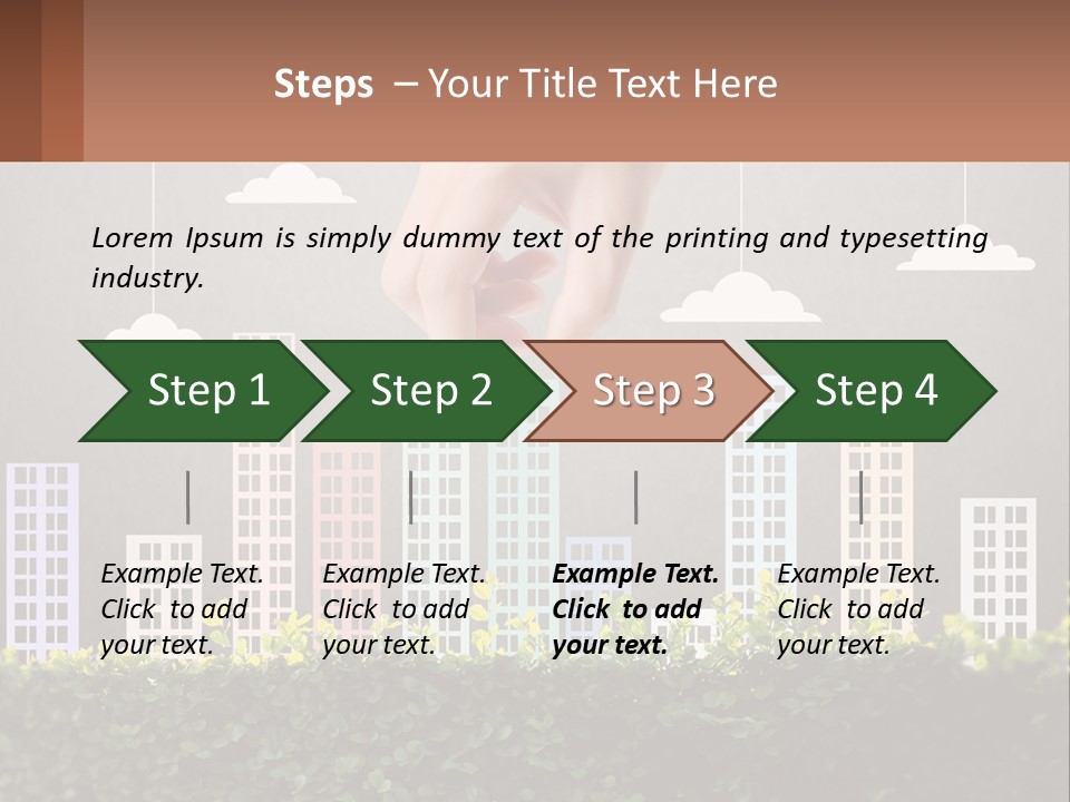A Hand Reaching For A Building With Clouds Above It PowerPoint Template