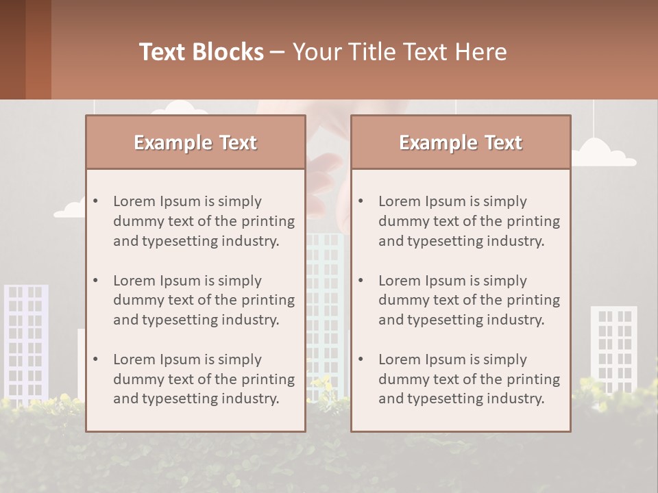 A Hand Reaching For A Building With Clouds Above It PowerPoint Template