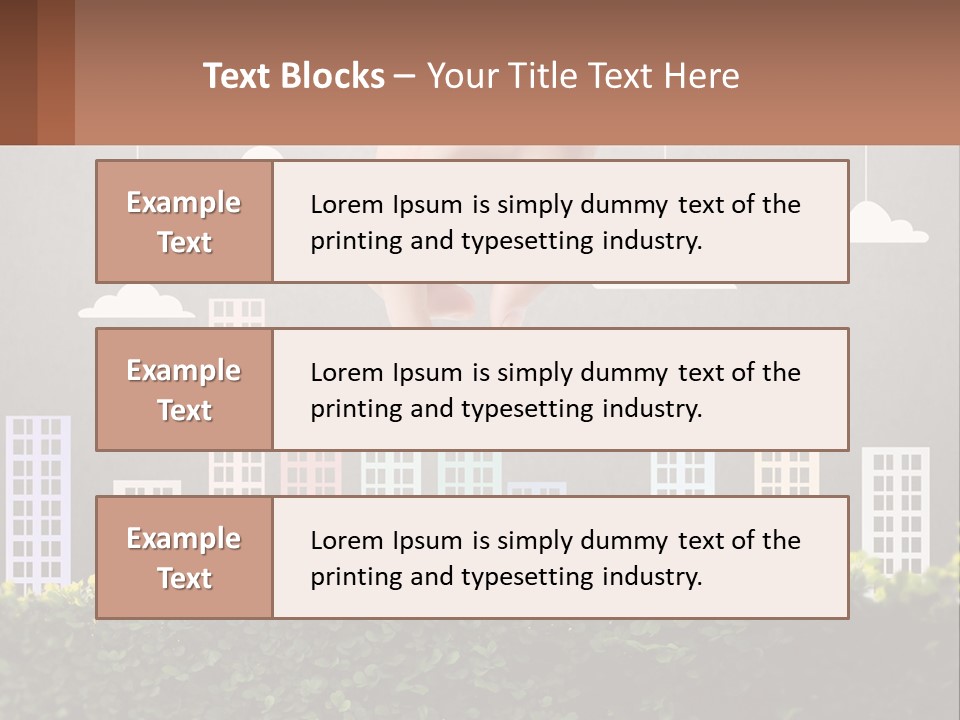 A Hand Reaching For A Building With Clouds Above It PowerPoint Template