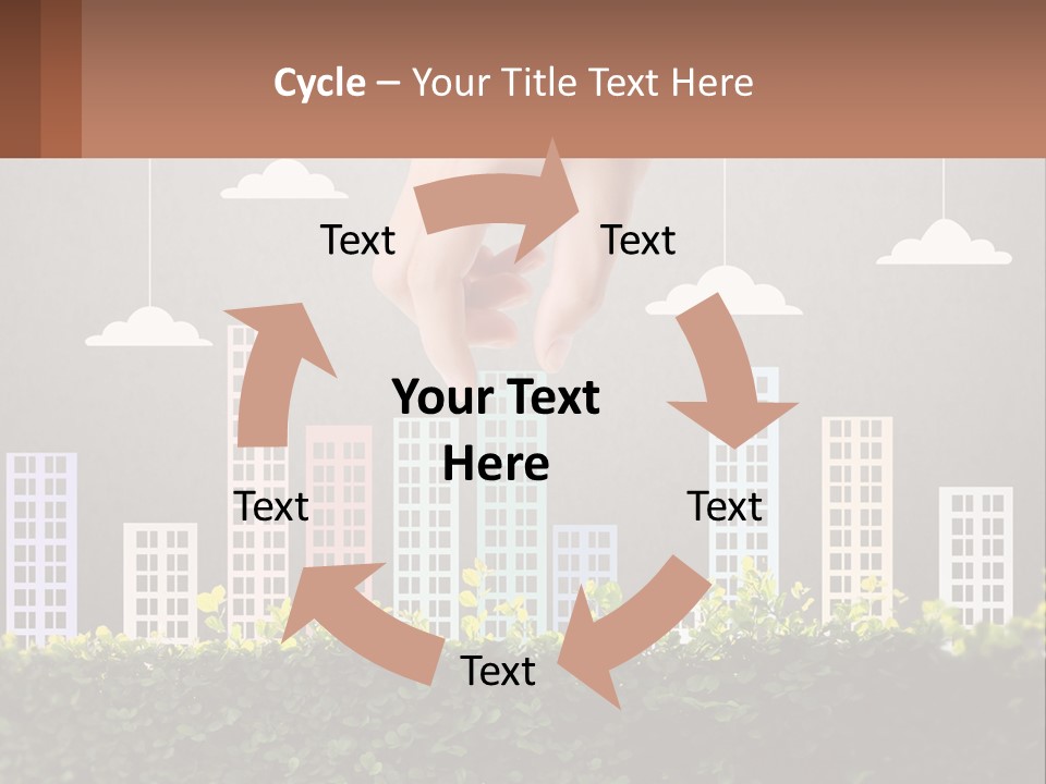 A Hand Reaching For A Building With Clouds Above It PowerPoint Template
