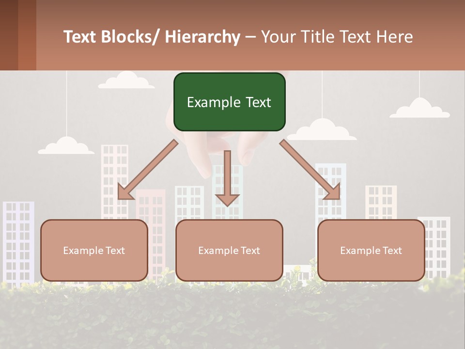 A Hand Reaching For A Building With Clouds Above It PowerPoint Template