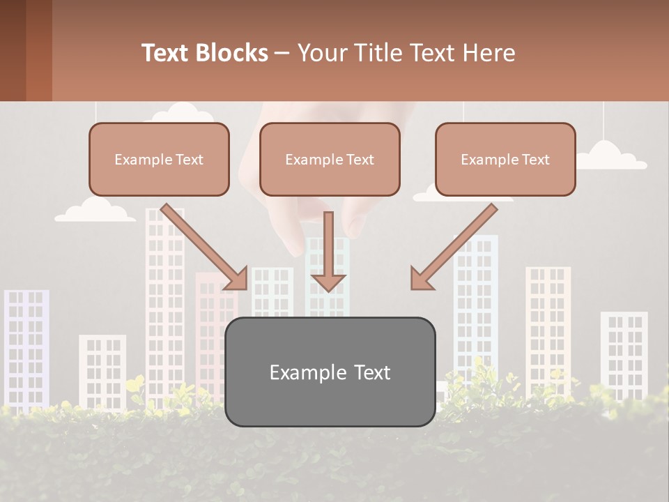 A Hand Reaching For A Building With Clouds Above It PowerPoint Template