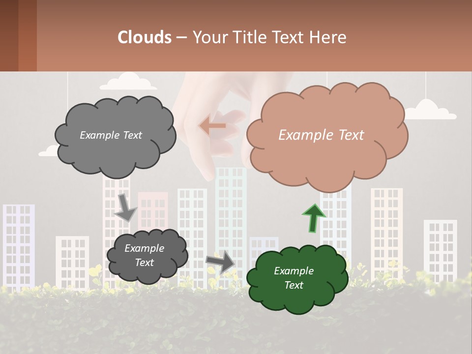 A Hand Reaching For A Building With Clouds Above It PowerPoint Template