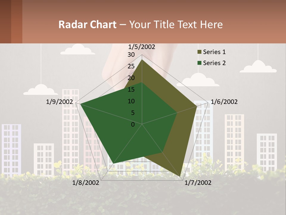 A Hand Reaching For A Building With Clouds Above It PowerPoint Template