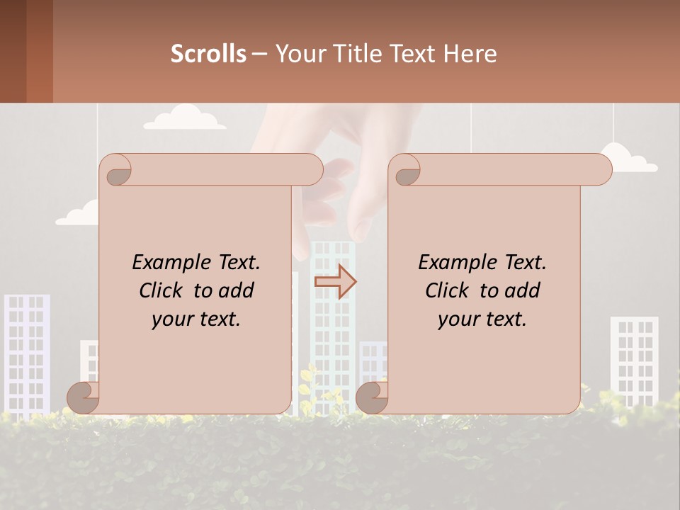 A Hand Reaching For A Building With Clouds Above It PowerPoint Template