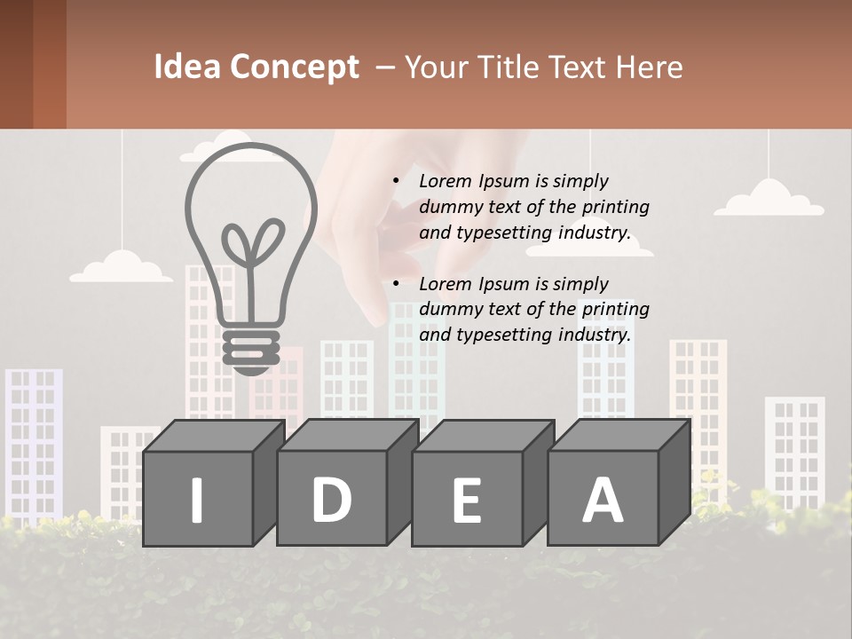 A Hand Reaching For A Building With Clouds Above It PowerPoint Template