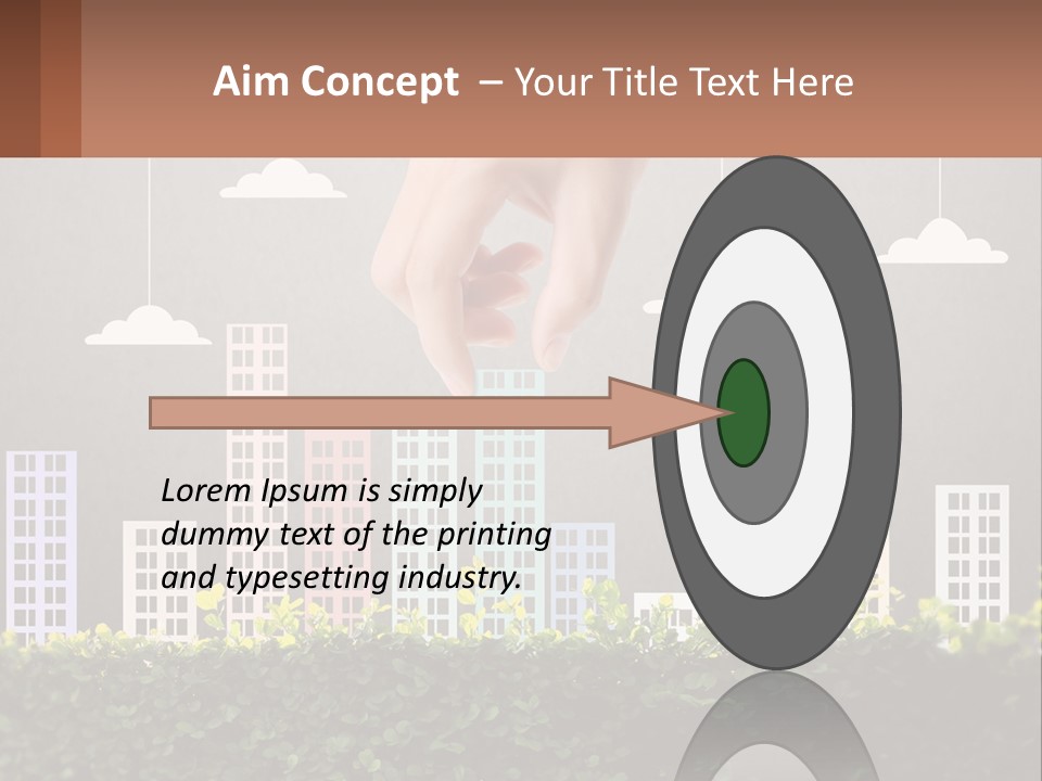 A Hand Reaching For A Building With Clouds Above It PowerPoint Template