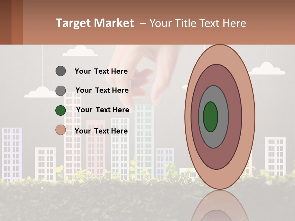 A Hand Reaching For A Building With Clouds Above It PowerPoint Template