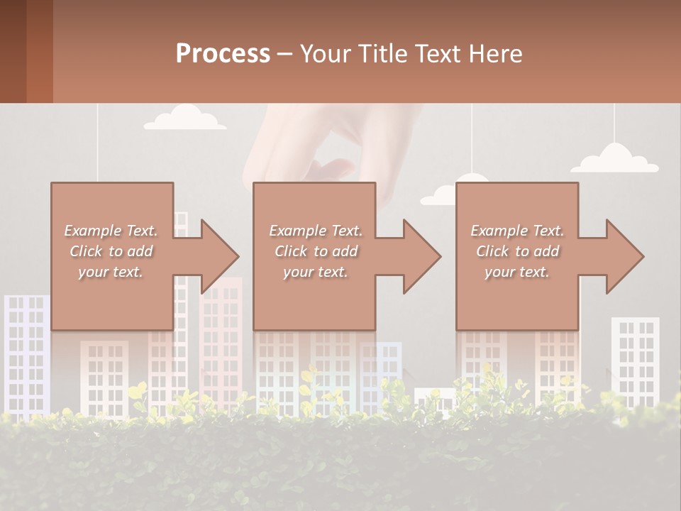 A Hand Reaching For A Building With Clouds Above It PowerPoint Template