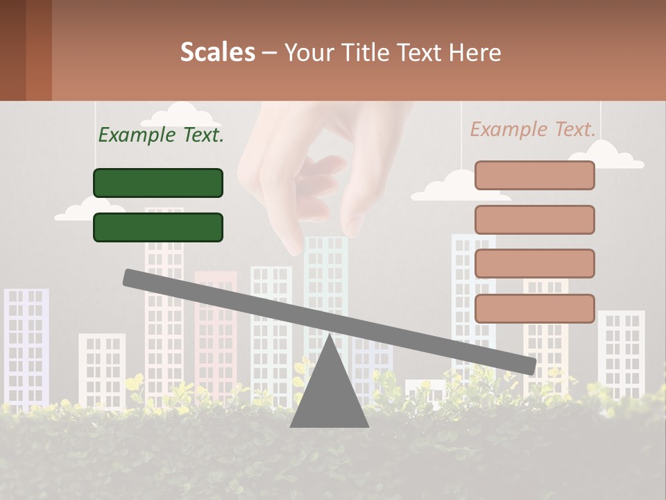 A Hand Reaching For A Building With Clouds Above It PowerPoint Template