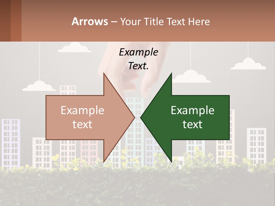 A Hand Reaching For A Building With Clouds Above It PowerPoint Template
