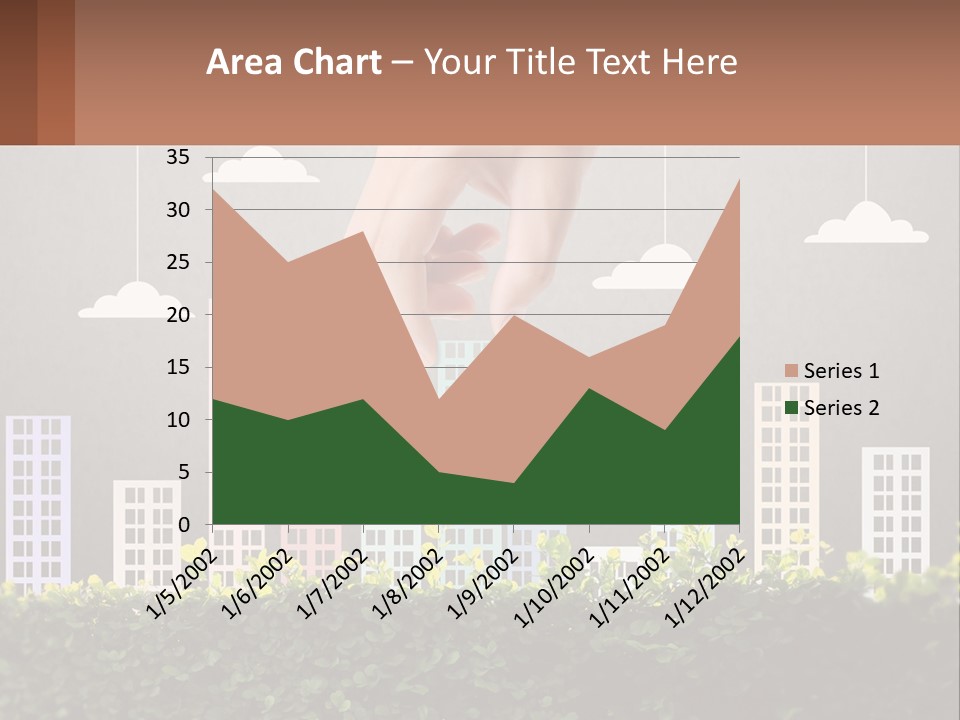 A Hand Reaching For A Building With Clouds Above It PowerPoint Template