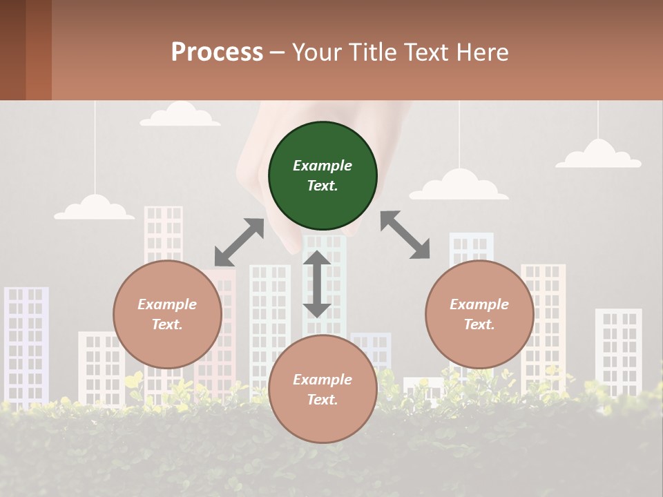 A Hand Reaching For A Building With Clouds Above It PowerPoint Template
