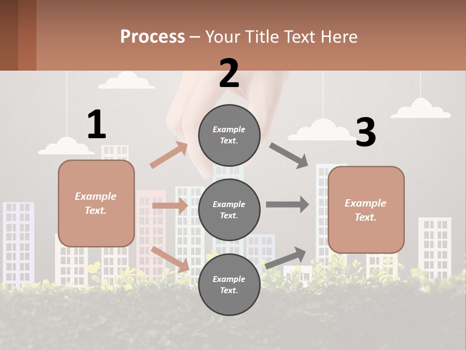 A Hand Reaching For A Building With Clouds Above It PowerPoint Template