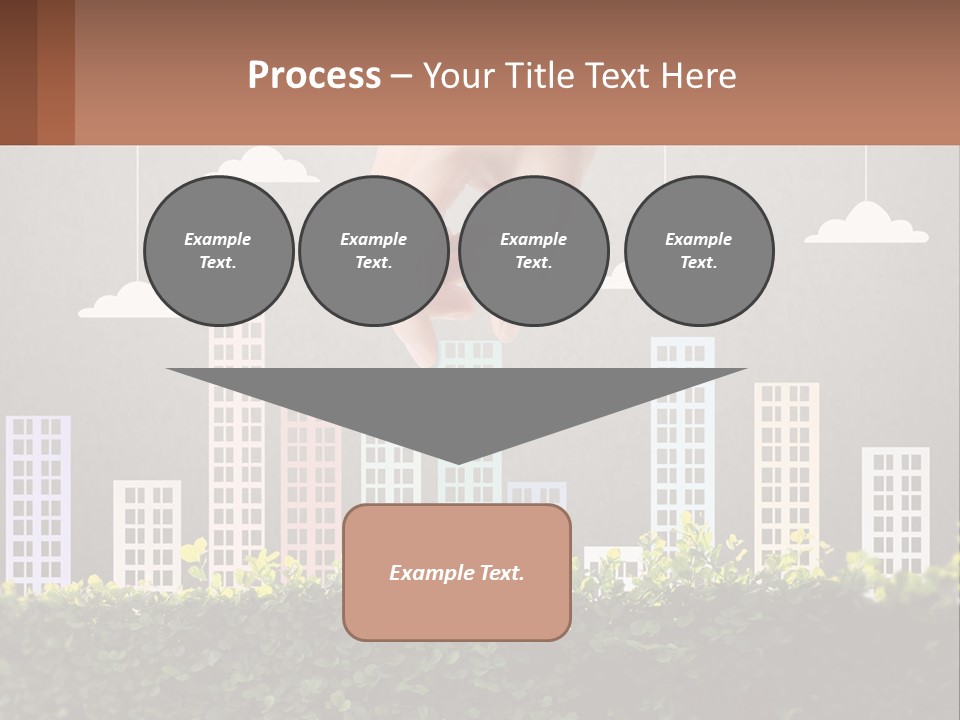A Hand Reaching For A Building With Clouds Above It PowerPoint Template
