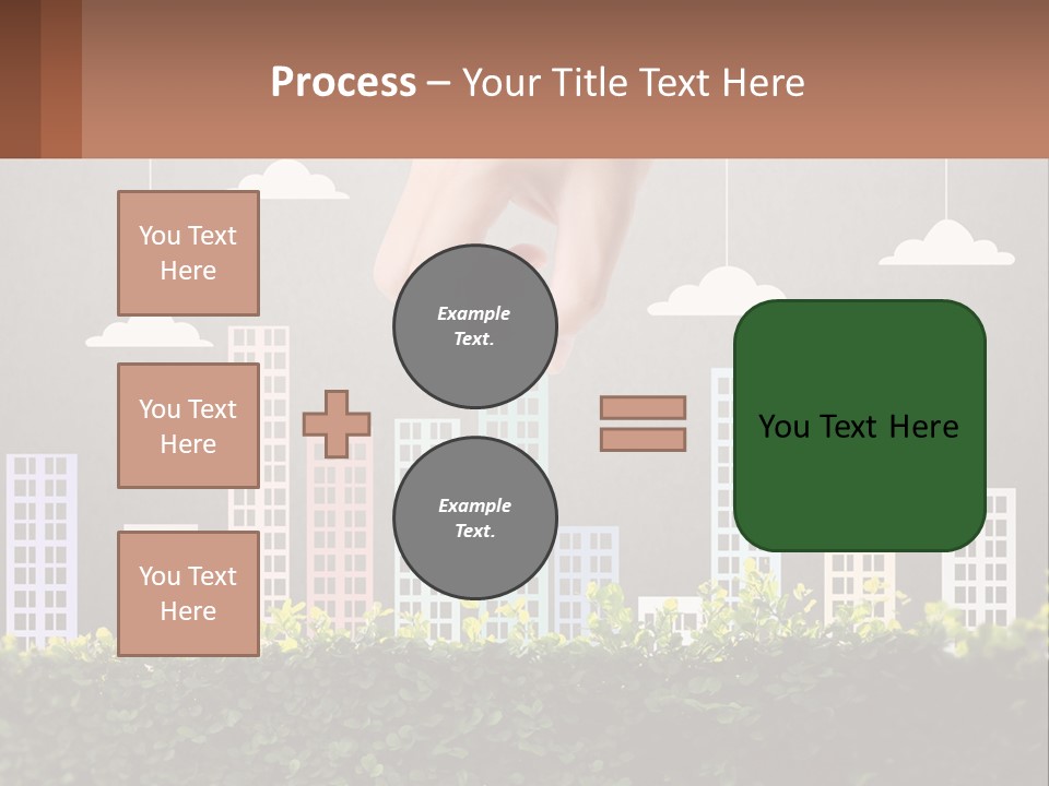 A Hand Reaching For A Building With Clouds Above It PowerPoint Template