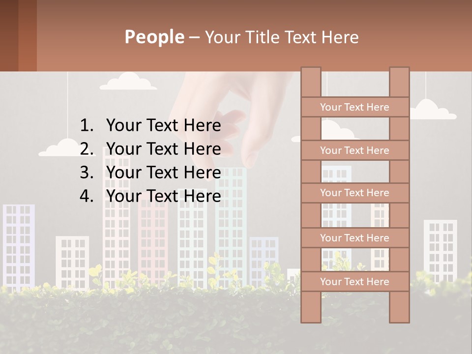 A Hand Reaching For A Building With Clouds Above It PowerPoint Template