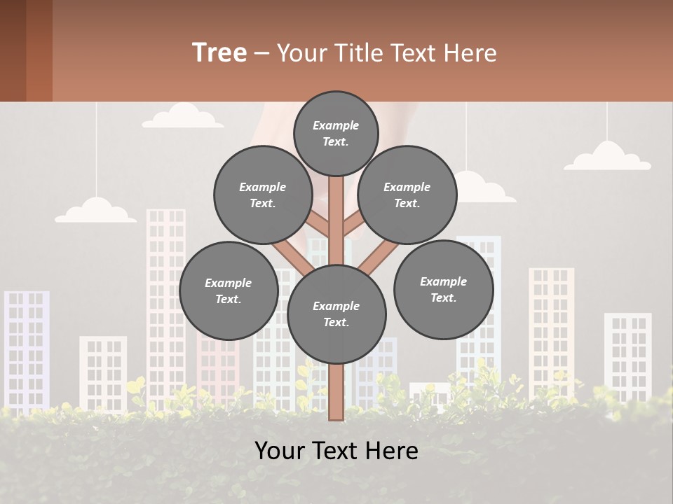 A Hand Reaching For A Building With Clouds Above It PowerPoint Template