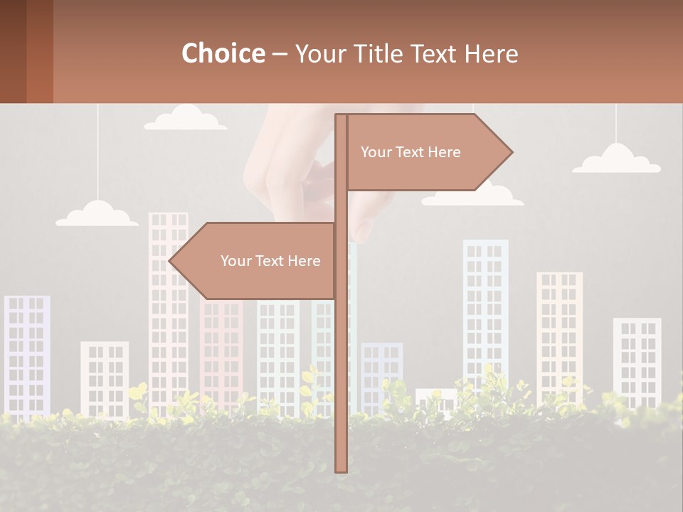A Hand Reaching For A Building With Clouds Above It PowerPoint Template