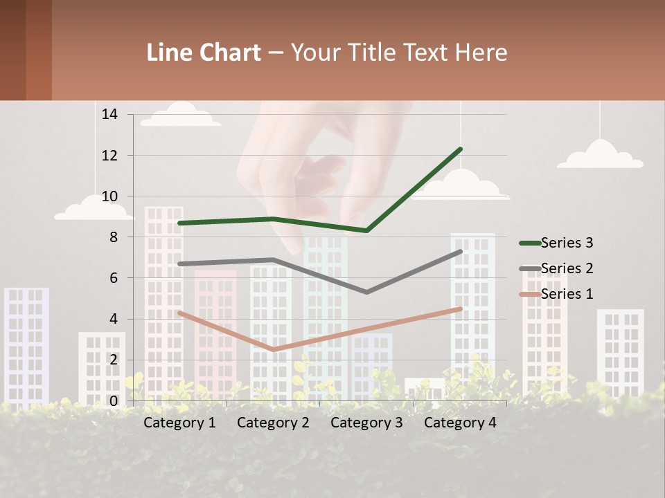 A Hand Reaching For A Building With Clouds Above It PowerPoint Template