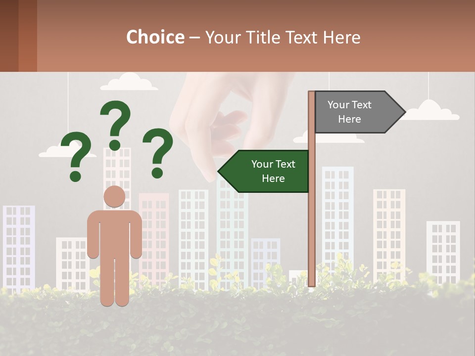 A Hand Reaching For A Building With Clouds Above It PowerPoint Template