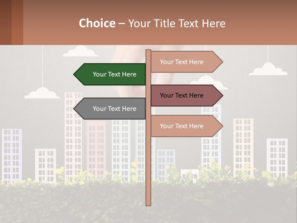 A Hand Reaching For A Building With Clouds Above It PowerPoint Template