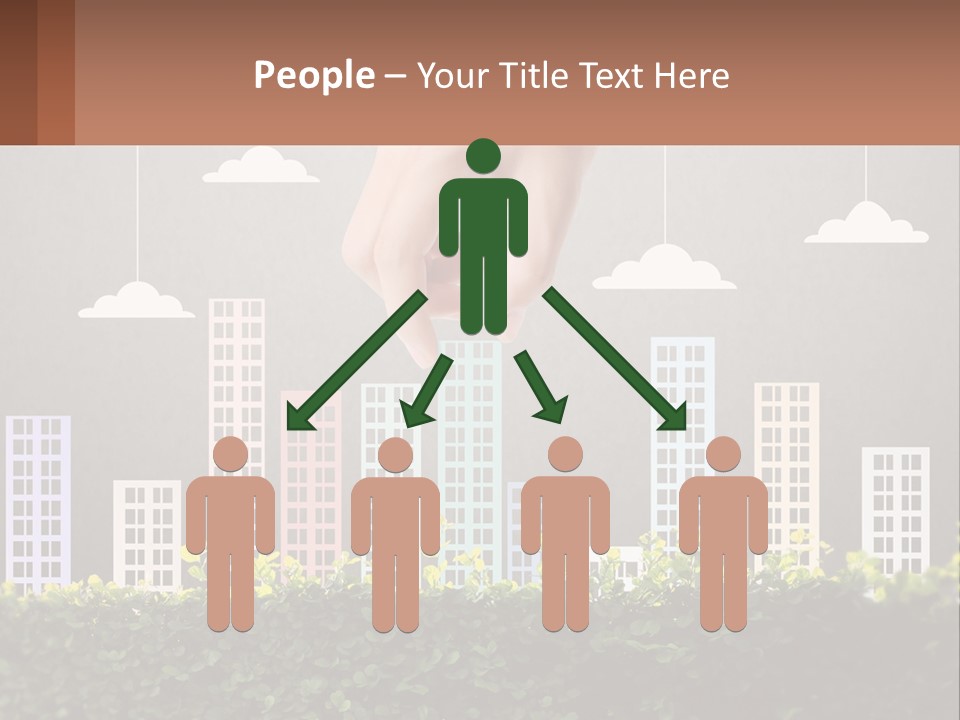 A Hand Reaching For A Building With Clouds Above It PowerPoint Template