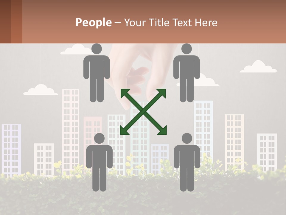 A Hand Reaching For A Building With Clouds Above It PowerPoint Template