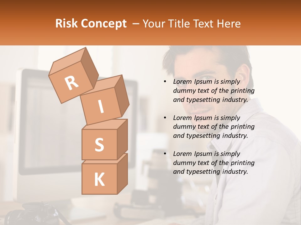 A Man Sitting At A Desk In Front Of A Computer PowerPoint Template