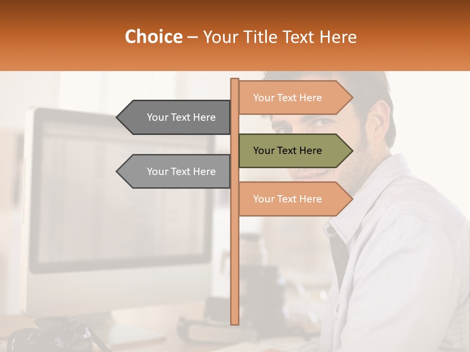 A Man Sitting At A Desk In Front Of A Computer PowerPoint Template