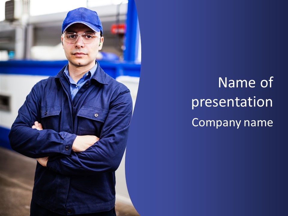 A Man In A Blue Uniform Is Standing With His Arms Crossed PowerPoint Template