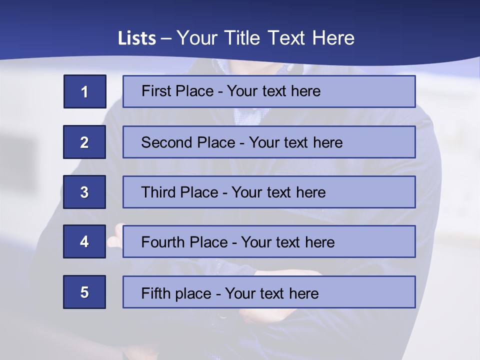 A Man In A Blue Uniform Is Standing With His Arms Crossed PowerPoint Template