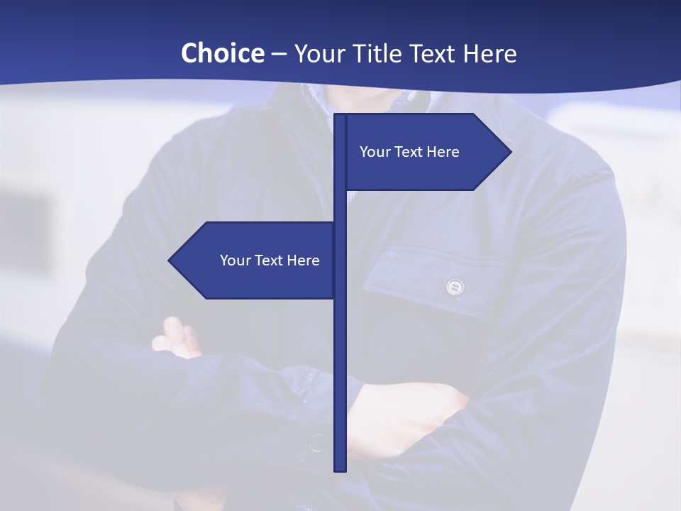 A Man In A Blue Uniform Is Standing With His Arms Crossed PowerPoint Template