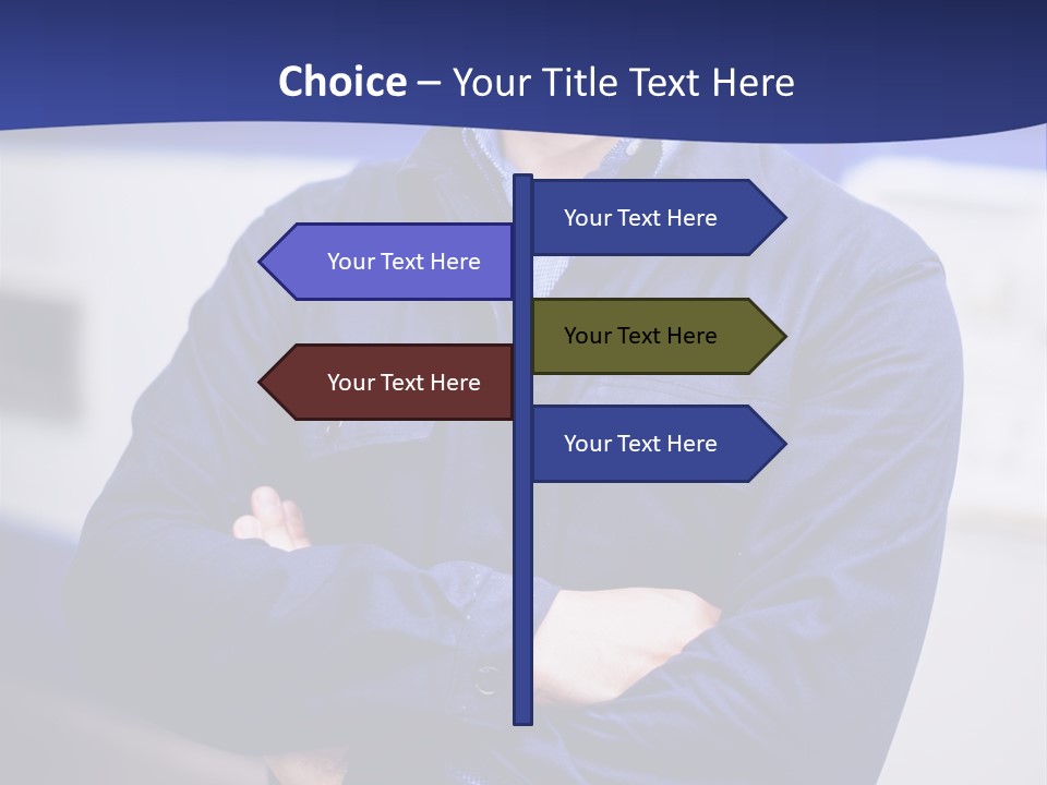 A Man In A Blue Uniform Is Standing With His Arms Crossed PowerPoint Template