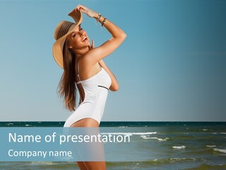 A Woman In A White Dress And Hat On The Beach PowerPoint Template