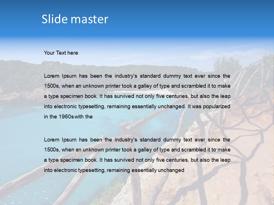 A View Of A Beach With Blue Water And Trees PowerPoint Template