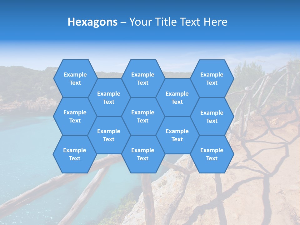 A View Of A Beach With Blue Water And Trees PowerPoint Template