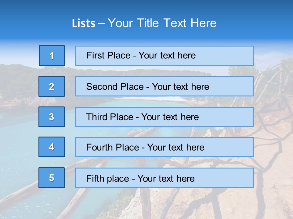 A View Of A Beach With Blue Water And Trees PowerPoint Template