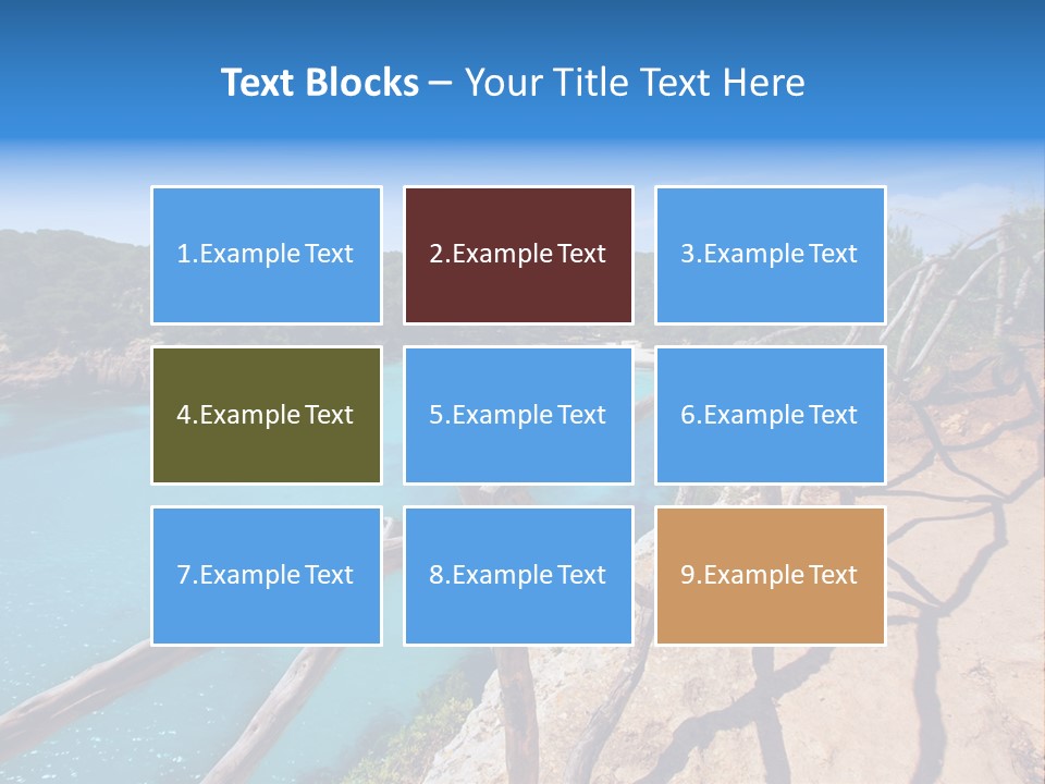 A View Of A Beach With Blue Water And Trees PowerPoint Template