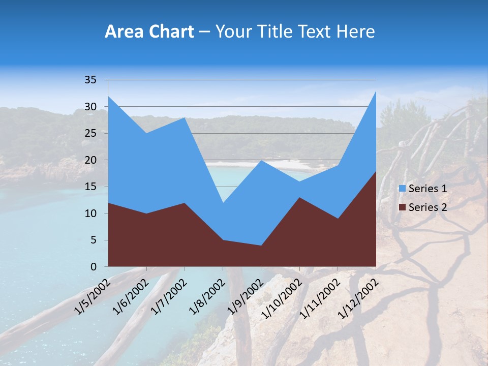 A View Of A Beach With Blue Water And Trees PowerPoint Template