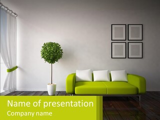 A Green Couch Sitting In A Living Room Next To A Window PowerPoint Template