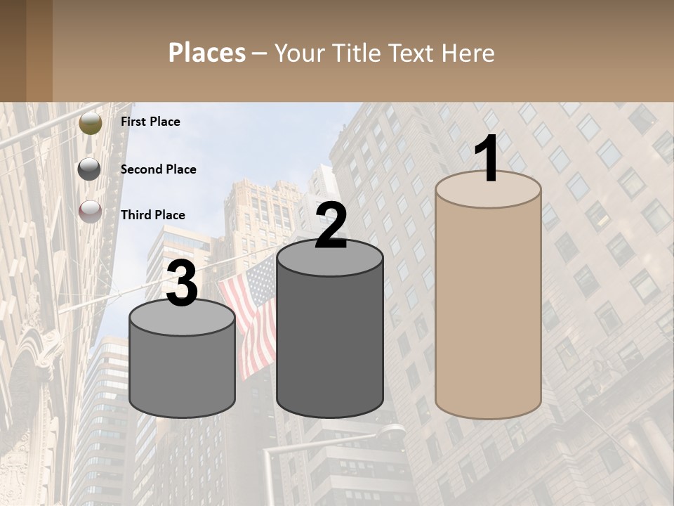 A City Street With Tall Buildings And An American Flag PowerPoint Template