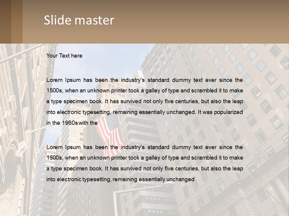 A City Street With Tall Buildings And An American Flag PowerPoint Template