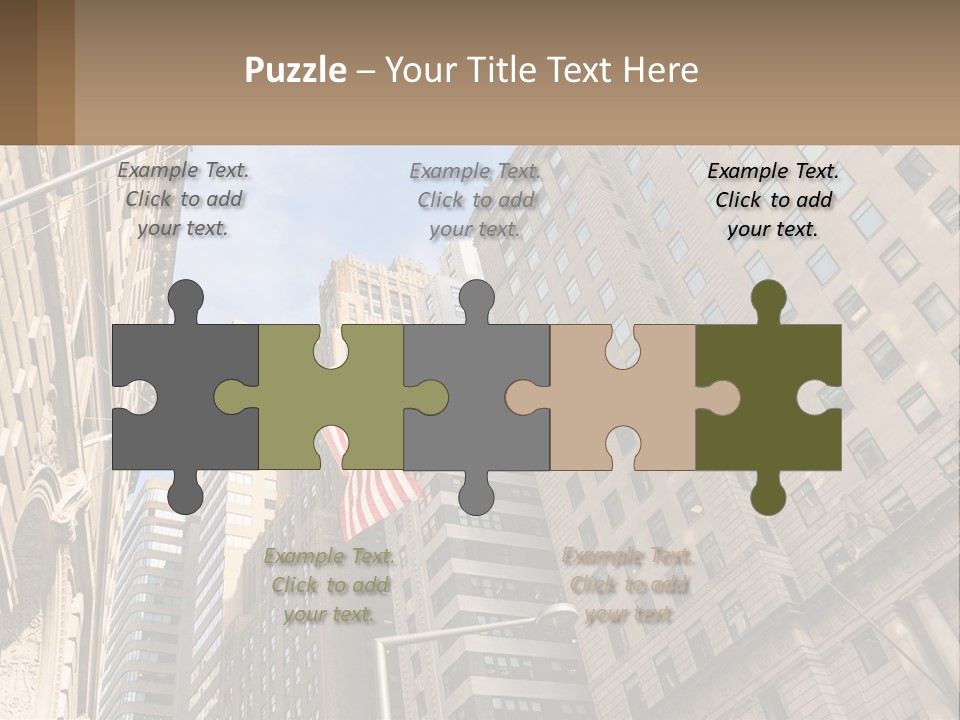 A City Street With Tall Buildings And An American Flag PowerPoint Template