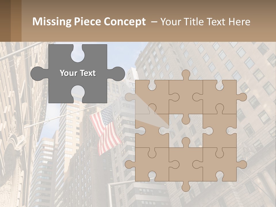 A City Street With Tall Buildings And An American Flag PowerPoint Template