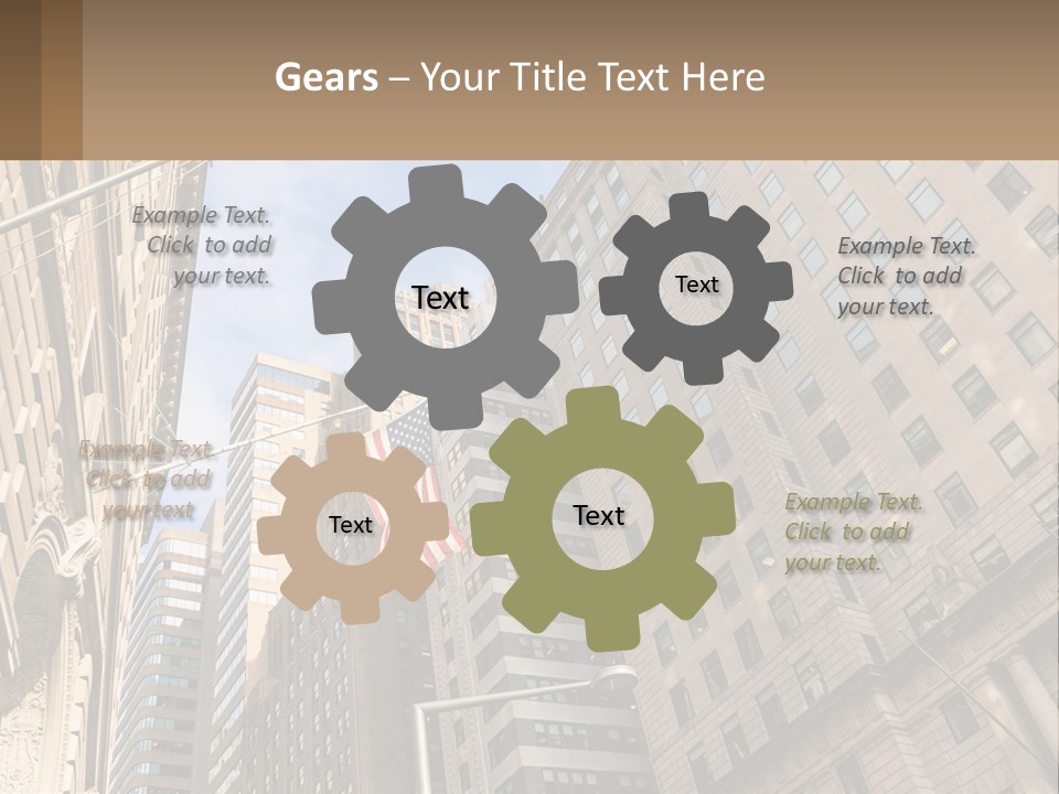 A City Street With Tall Buildings And An American Flag PowerPoint Template