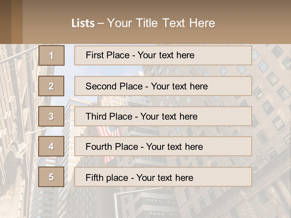 A City Street With Tall Buildings And An American Flag PowerPoint Template